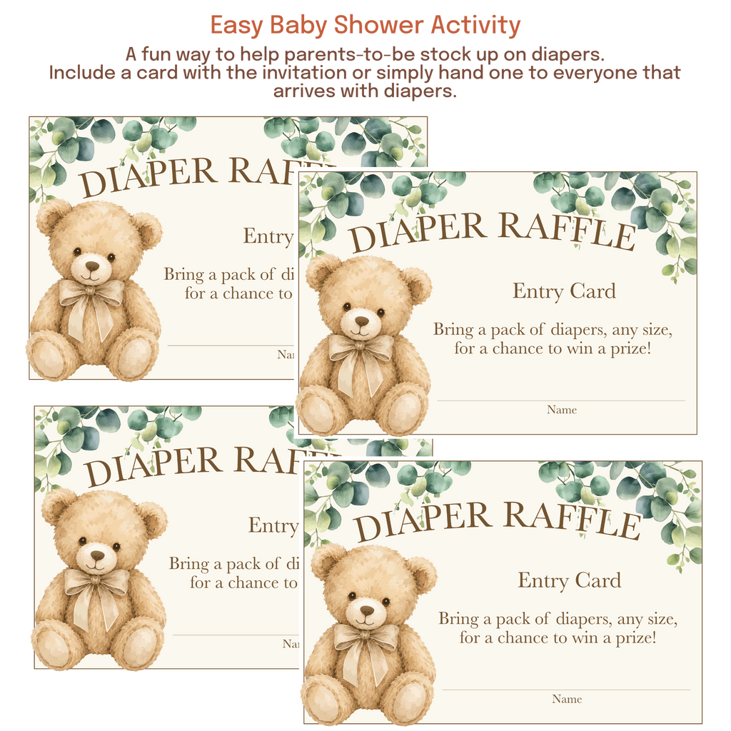 Printable diaper raffle card with space for guest names and instructions to bring diapers for raffle entry.