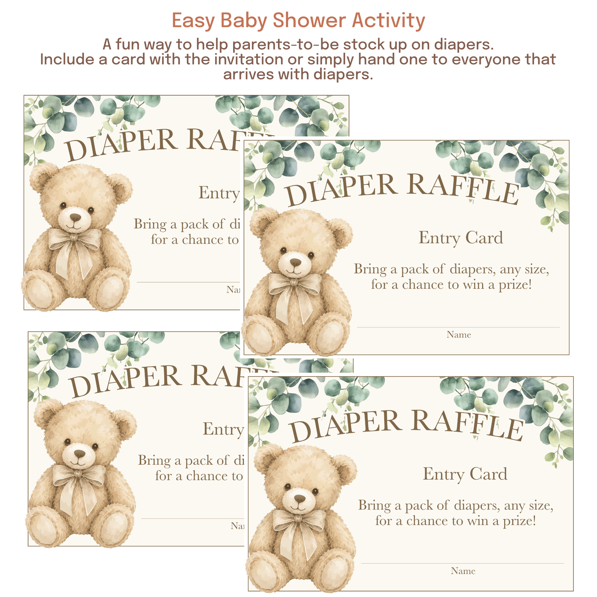 Printable diaper raffle card with space for guest names and instructions to bring diapers for raffle entry.