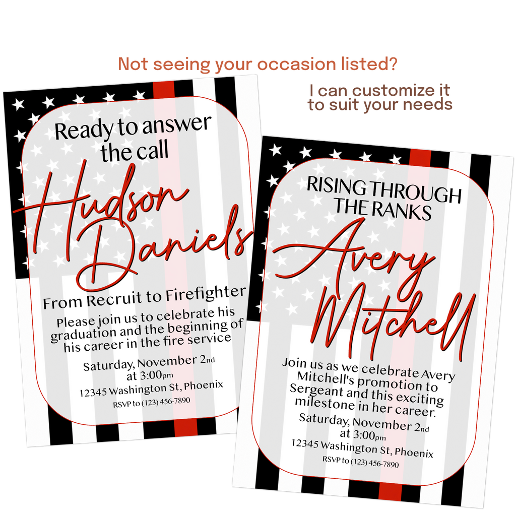 Modern firefighter invitation featuring a photo, custom wording, thin red line flag artwork, and personalized event details.