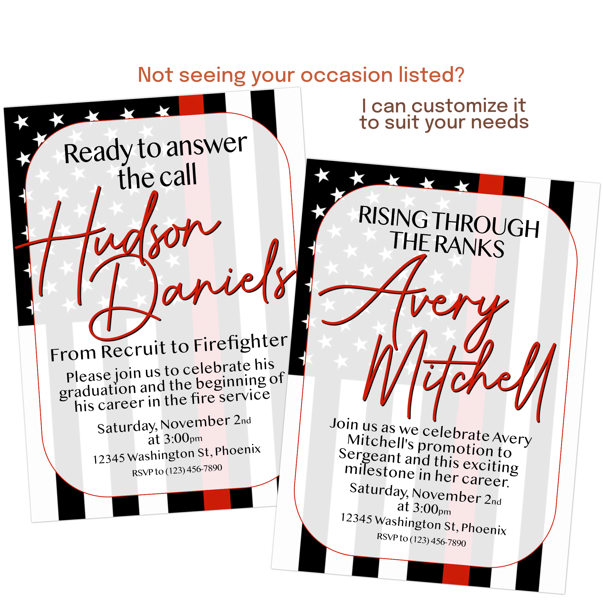 Modern firefighter invitation featuring a photo, custom wording, thin red line flag artwork, and personalized event details.