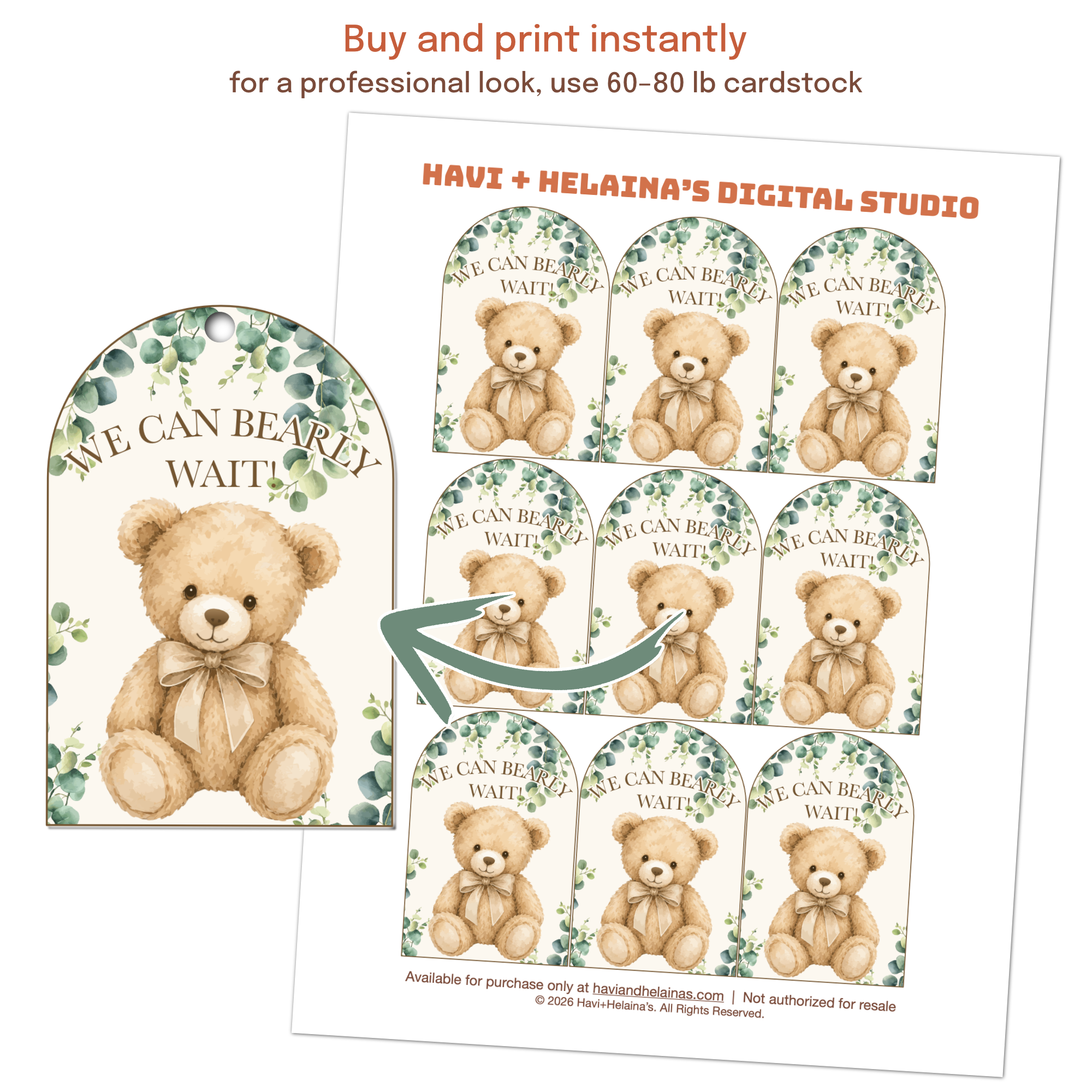 Close-up view of a teddy bear baby shower favor tag printable design.