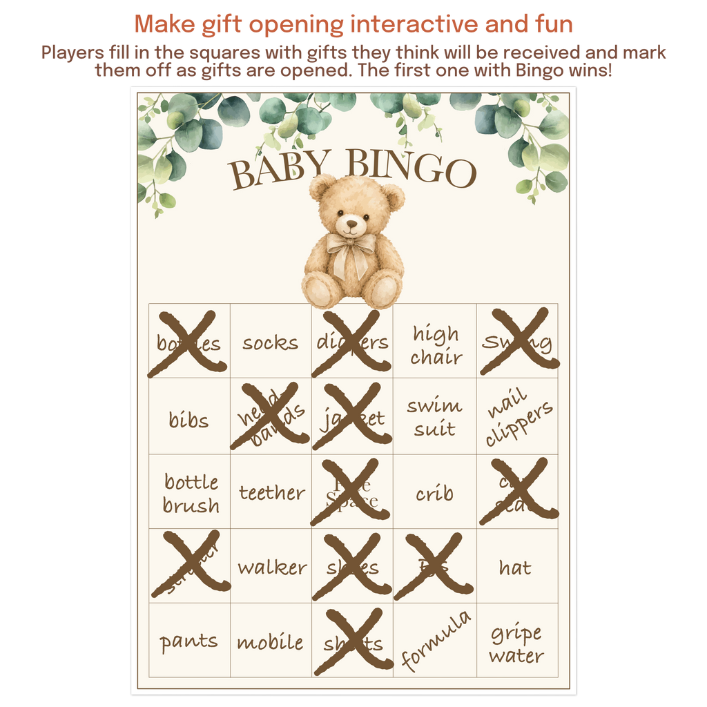 Baby shower bingo card with blank squares for guests to predict gifts before they are opened.