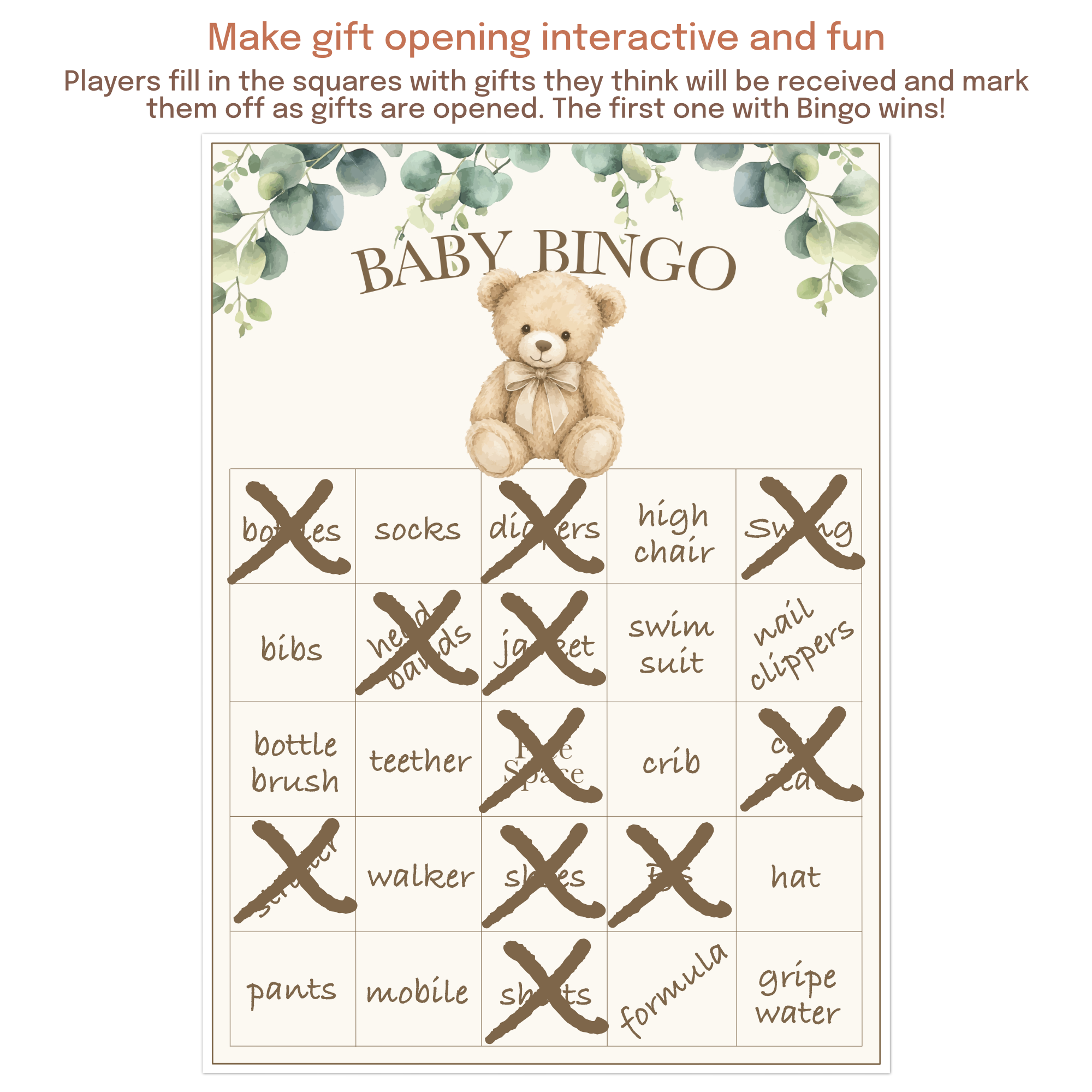 Baby shower bingo card with blank squares for guests to predict gifts before they are opened.