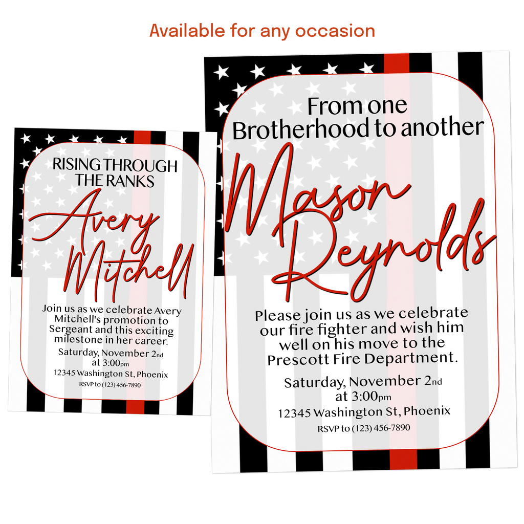Personalized fire academy graduation invitation for firefighter recruits with photo, graduation details, and fire service theme.