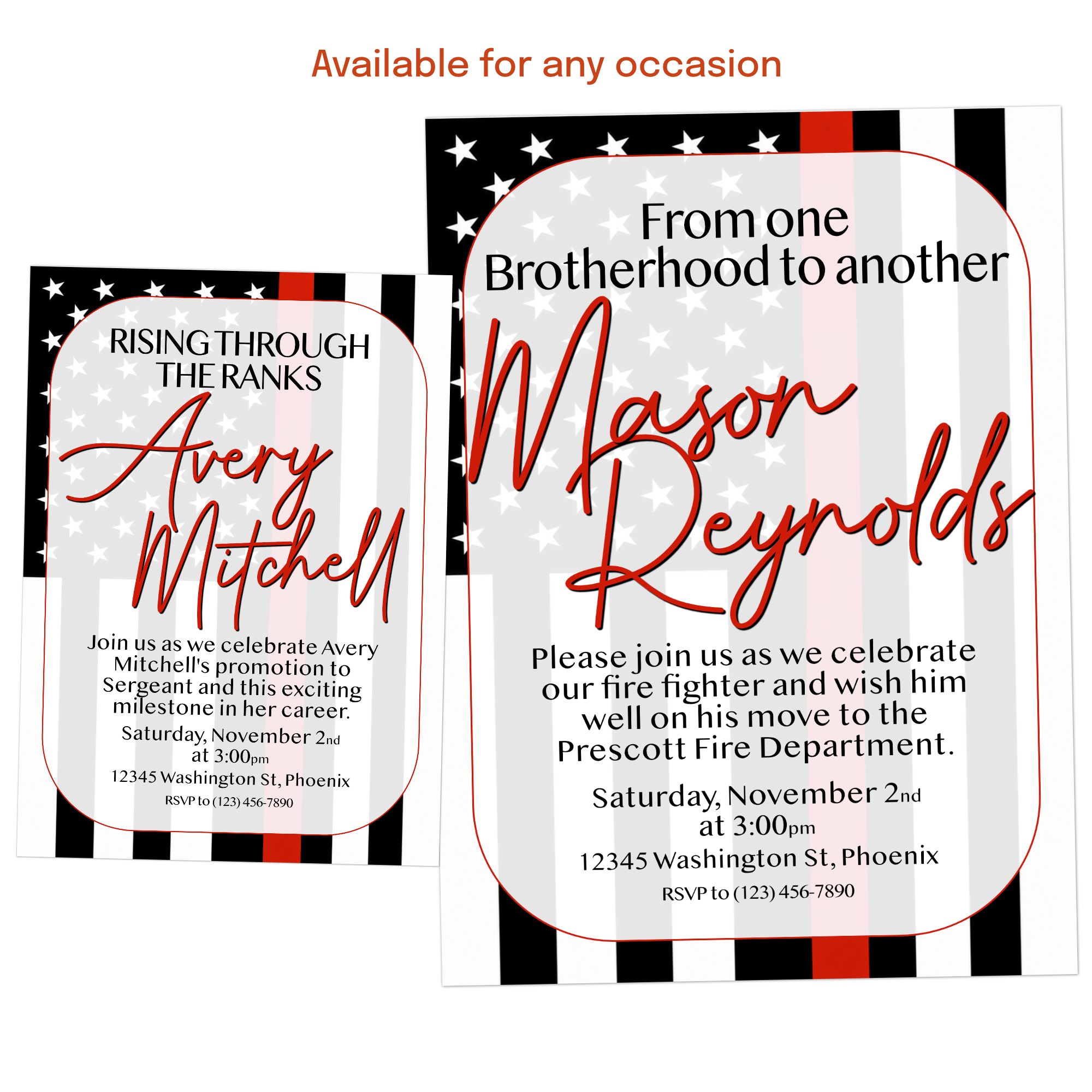 Personalized fire academy graduation invitation for firefighter recruits with photo, graduation details, and fire service theme.