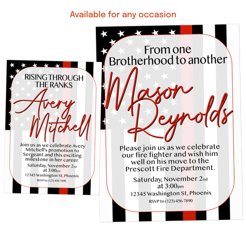 Personalized fire academy graduation invitation for firefighter recruits with photo, graduation details, and fire service theme.