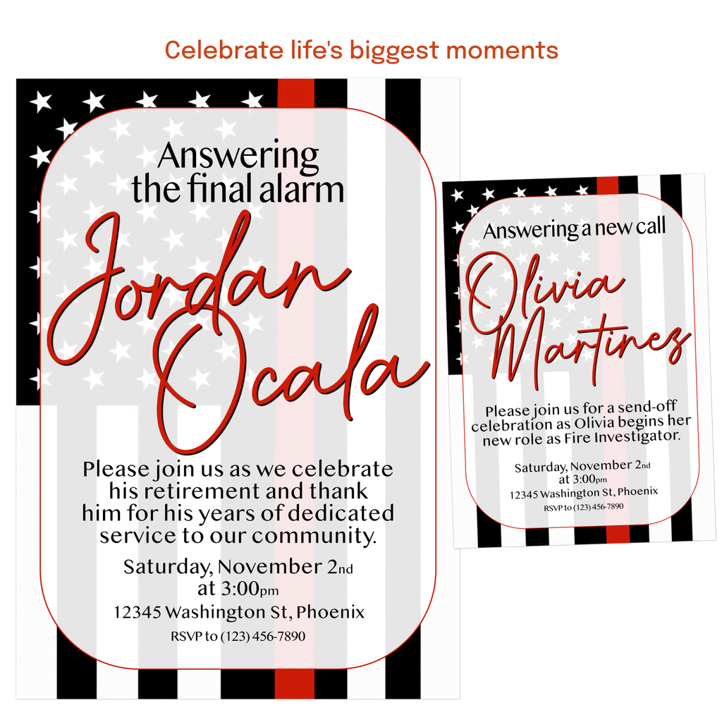 Personalized firefighter celebration invitation for promotion, fire investigator assignment, fire marshal role, or career advancement.
