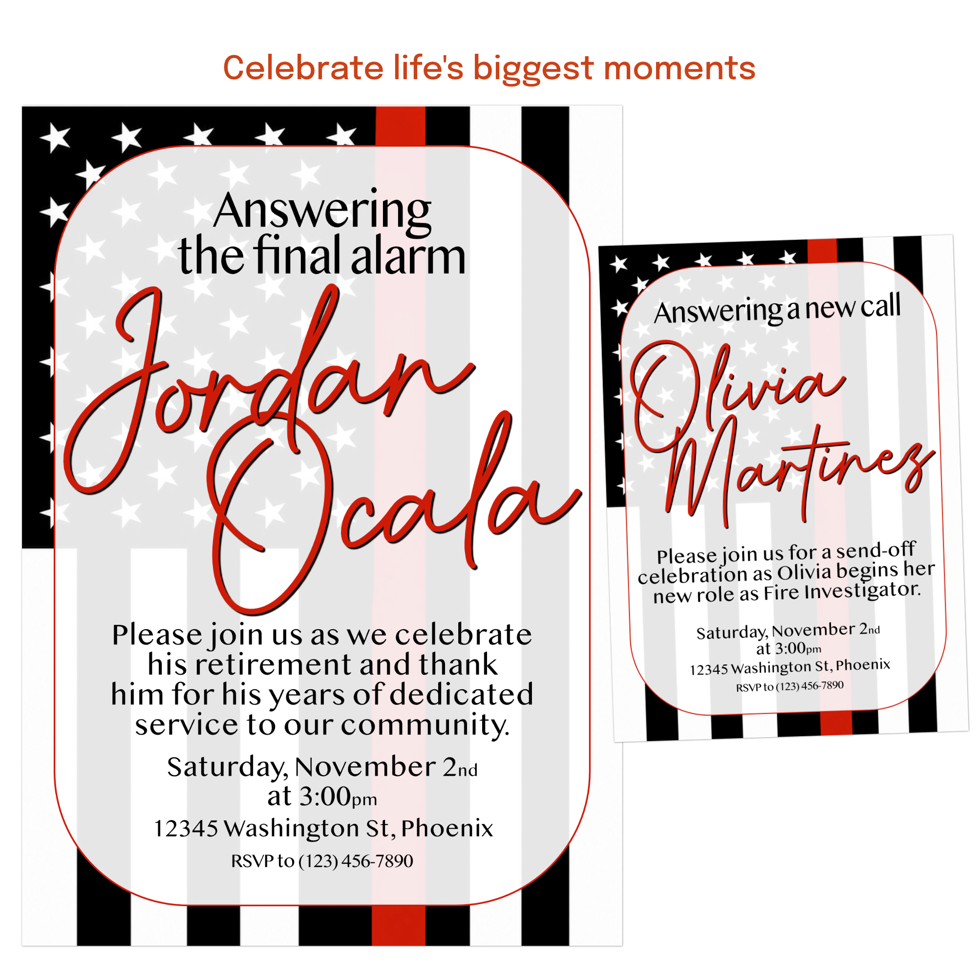 Personalized firefighter celebration invitation for promotion, fire investigator assignment, fire marshal role, or career advancement.