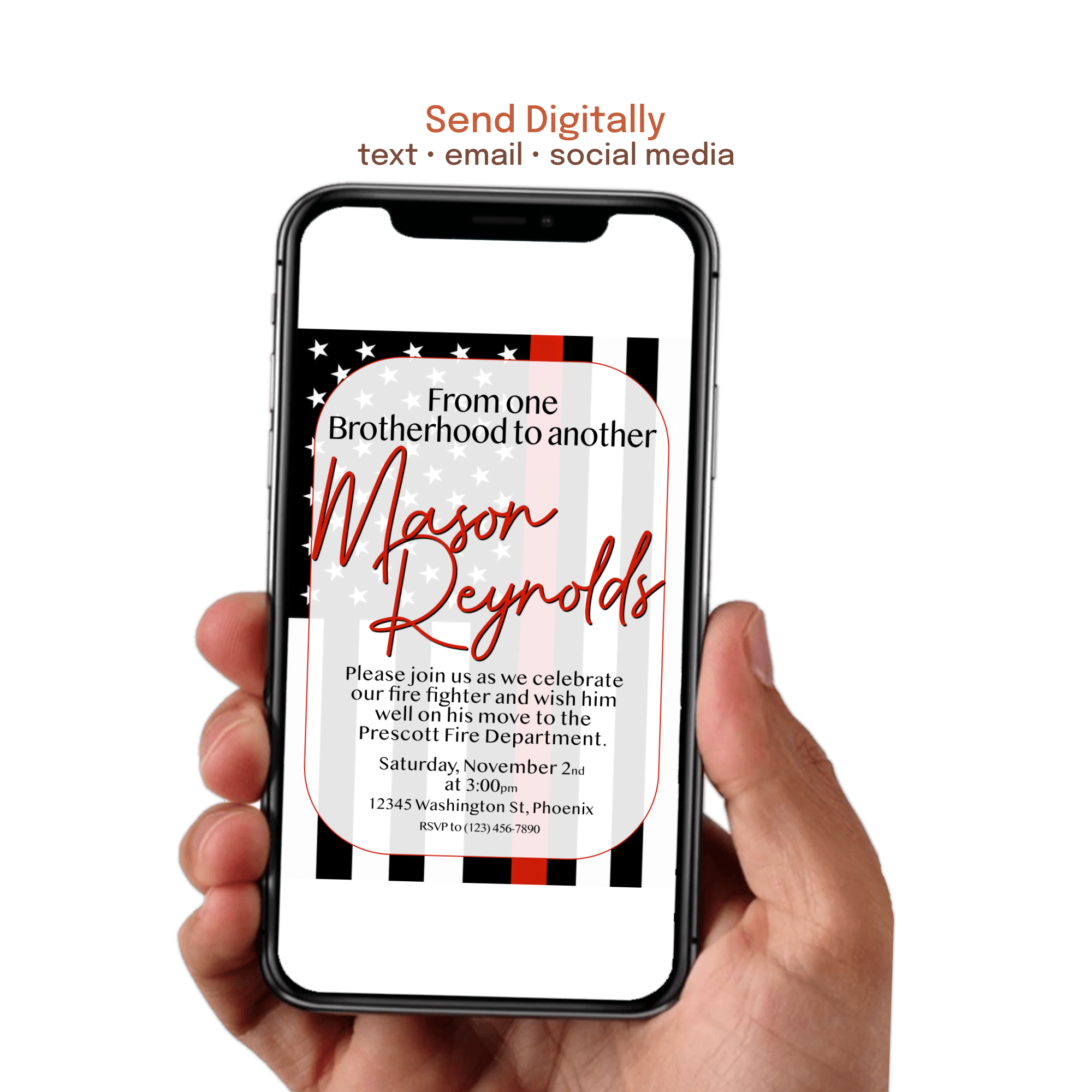 Custom firefighter transfer invitation celebrating a move to a new station or fire department with thin red line flag background.