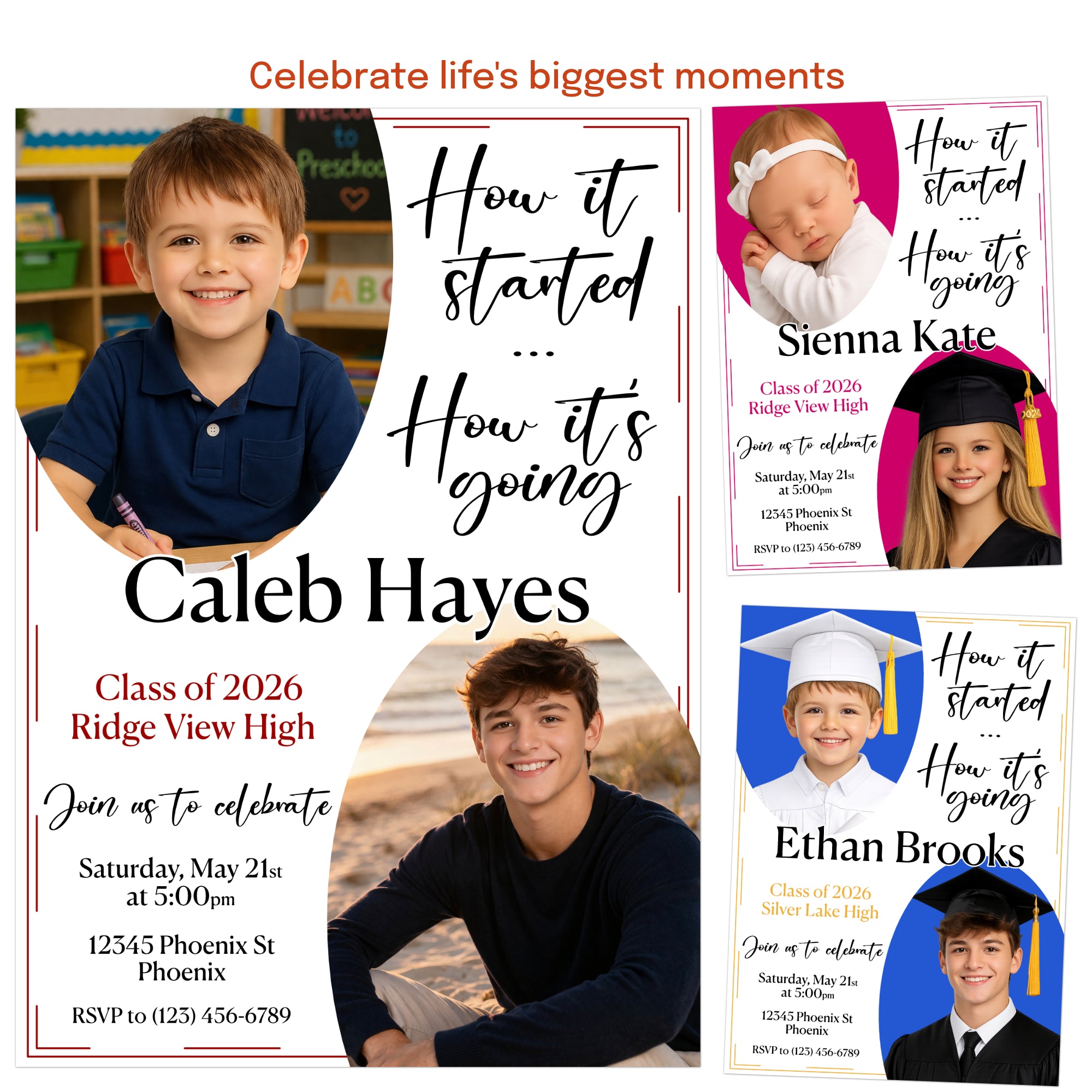 Before and after graduation invitation design showing baby picture and senior portrait to highlight how it started and how it’s going milestone theme