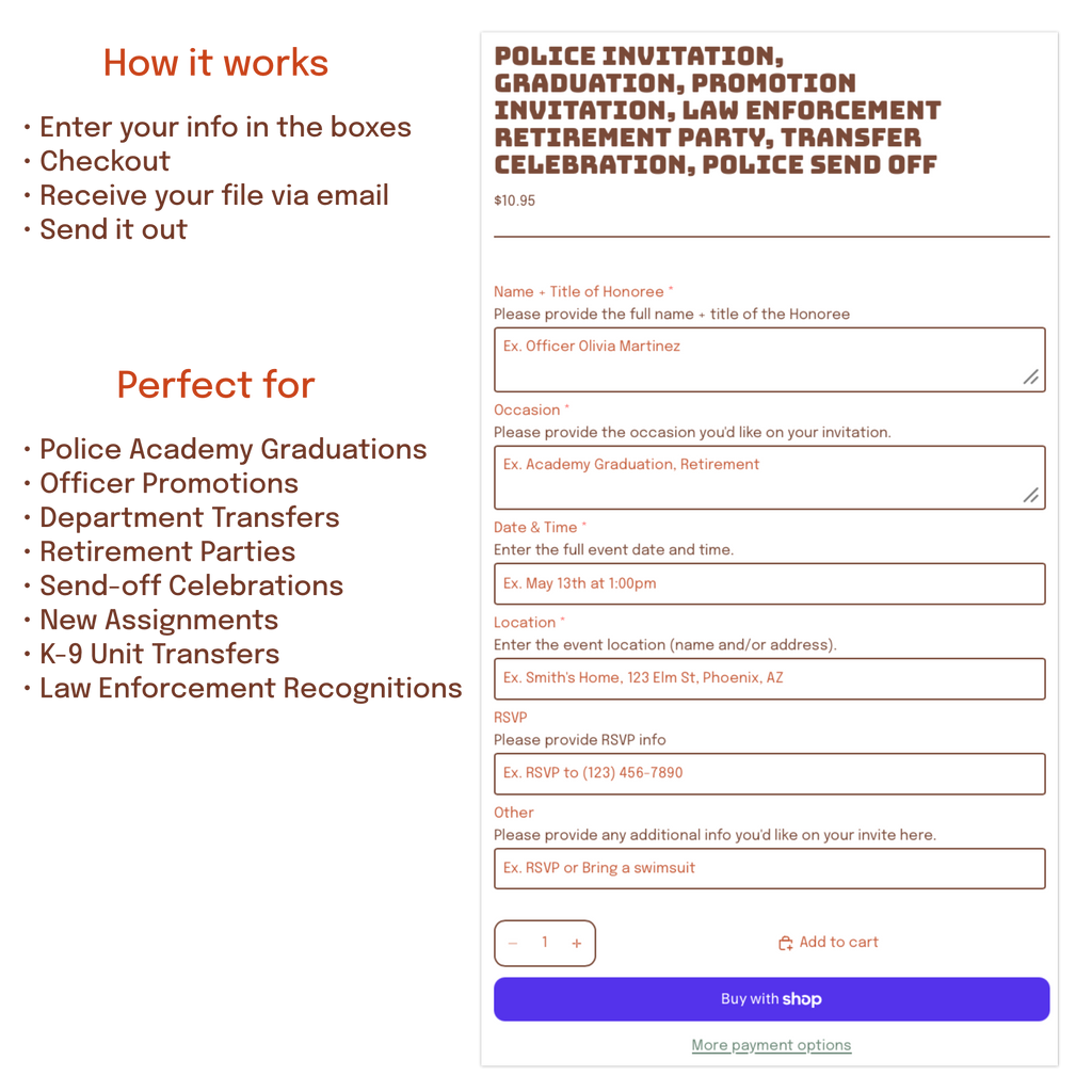 Police invitation design customized for graduations, promotions, retirements, transfers, and officer celebrations