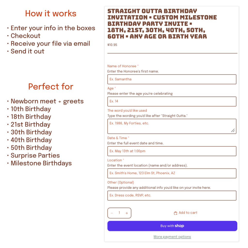 Customize your birthday invitation with any name, age, birth year, and Straight Outta wording.