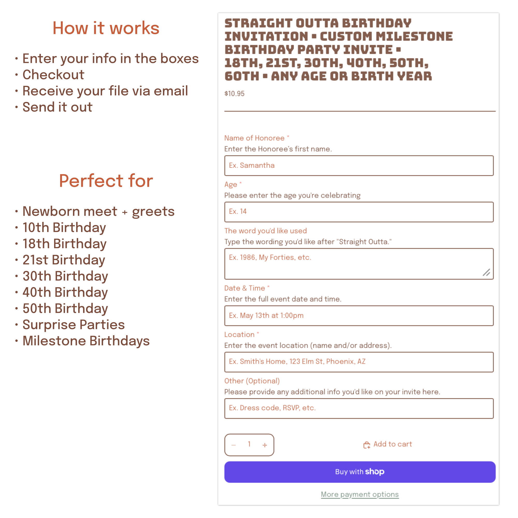 Customize your birthday invitation with any name, age, birth year, and Straight Outta wording.