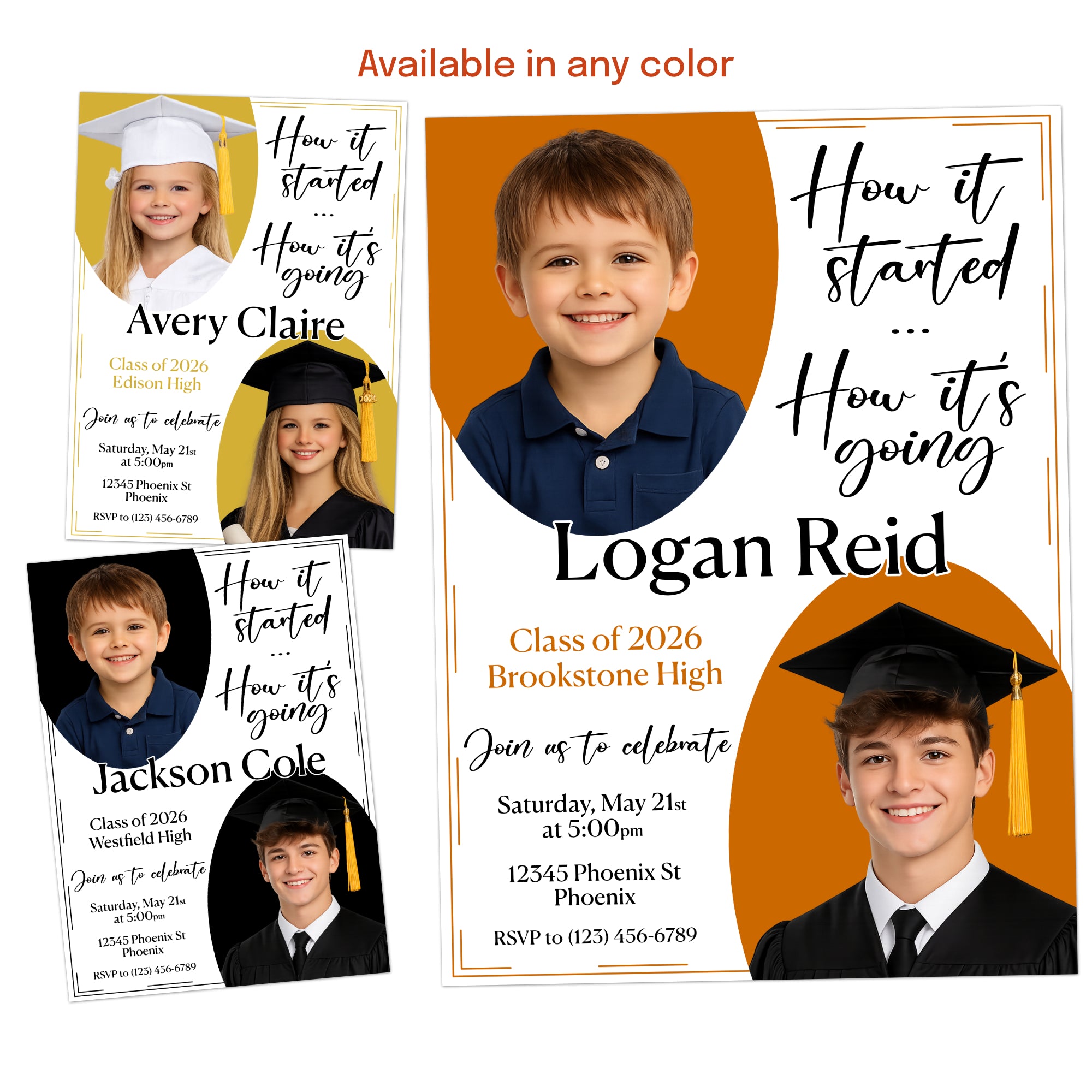 Custom graduation invitation with editable wording, school colors, and photo layout showing childhood and senior images for a unique graduation party invite