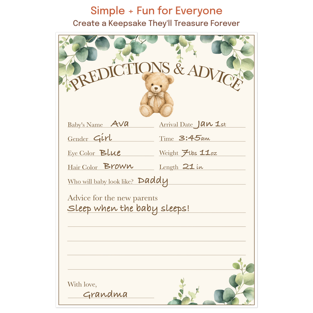 Baby shower prediction game where guests guess baby's arrival date, weight, eye color, and more.