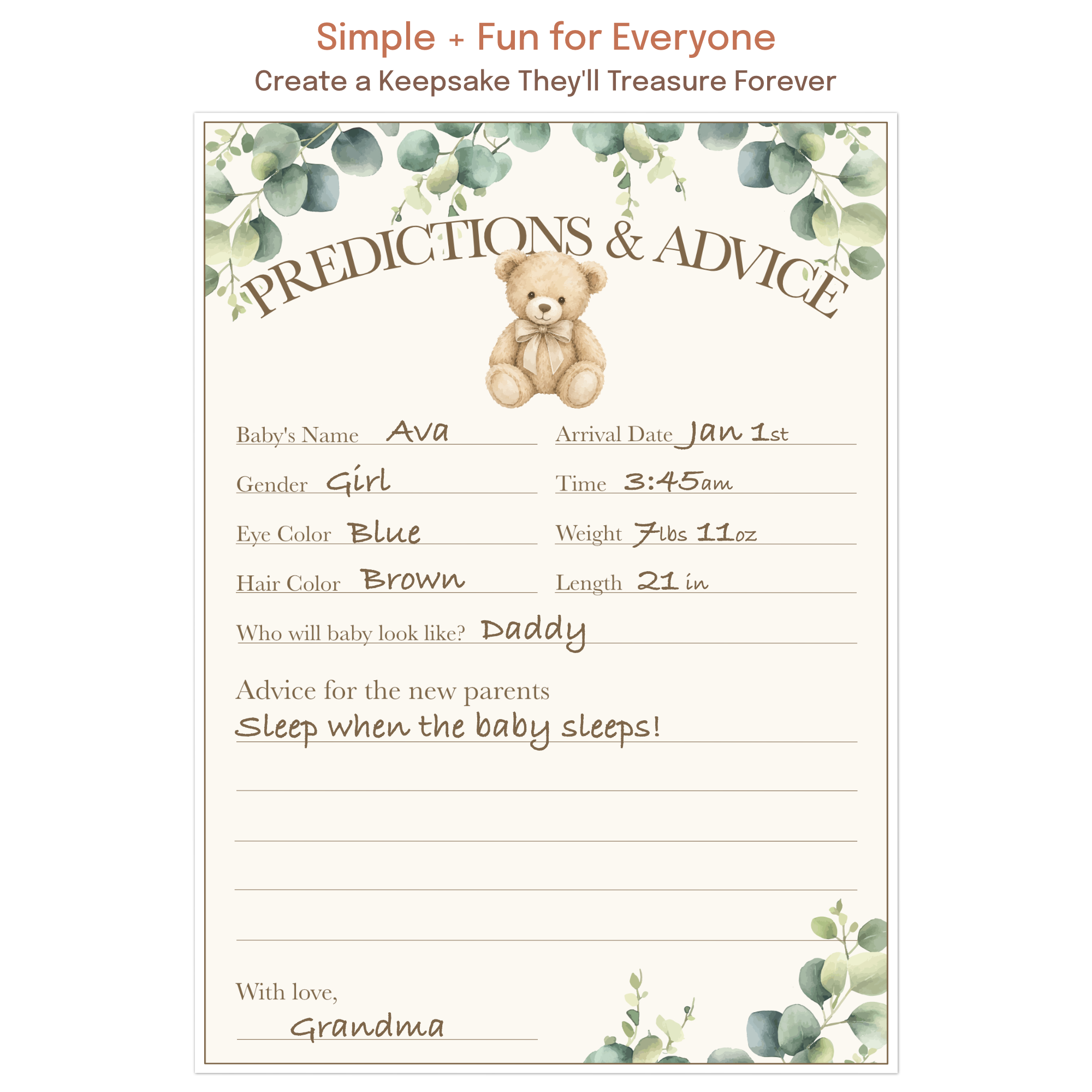Baby shower prediction game where guests guess baby's arrival date, weight, eye color, and more.