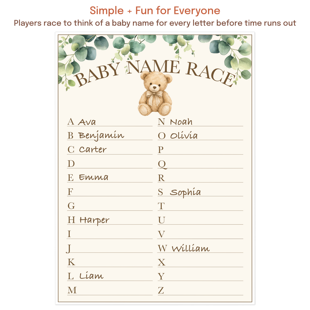 Teddy Bear Baby Name Race game with example answers showing how guests race to name a baby name for each letter of the alphabet.