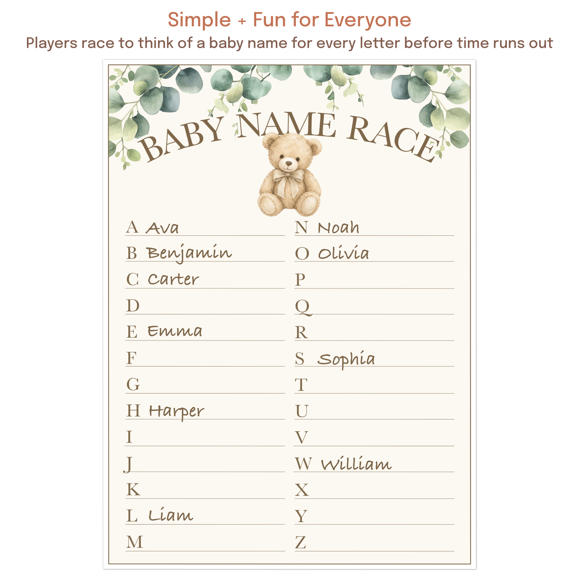 Teddy Bear Baby Name Race game with example answers showing how guests race to name a baby name for each letter of the alphabet.