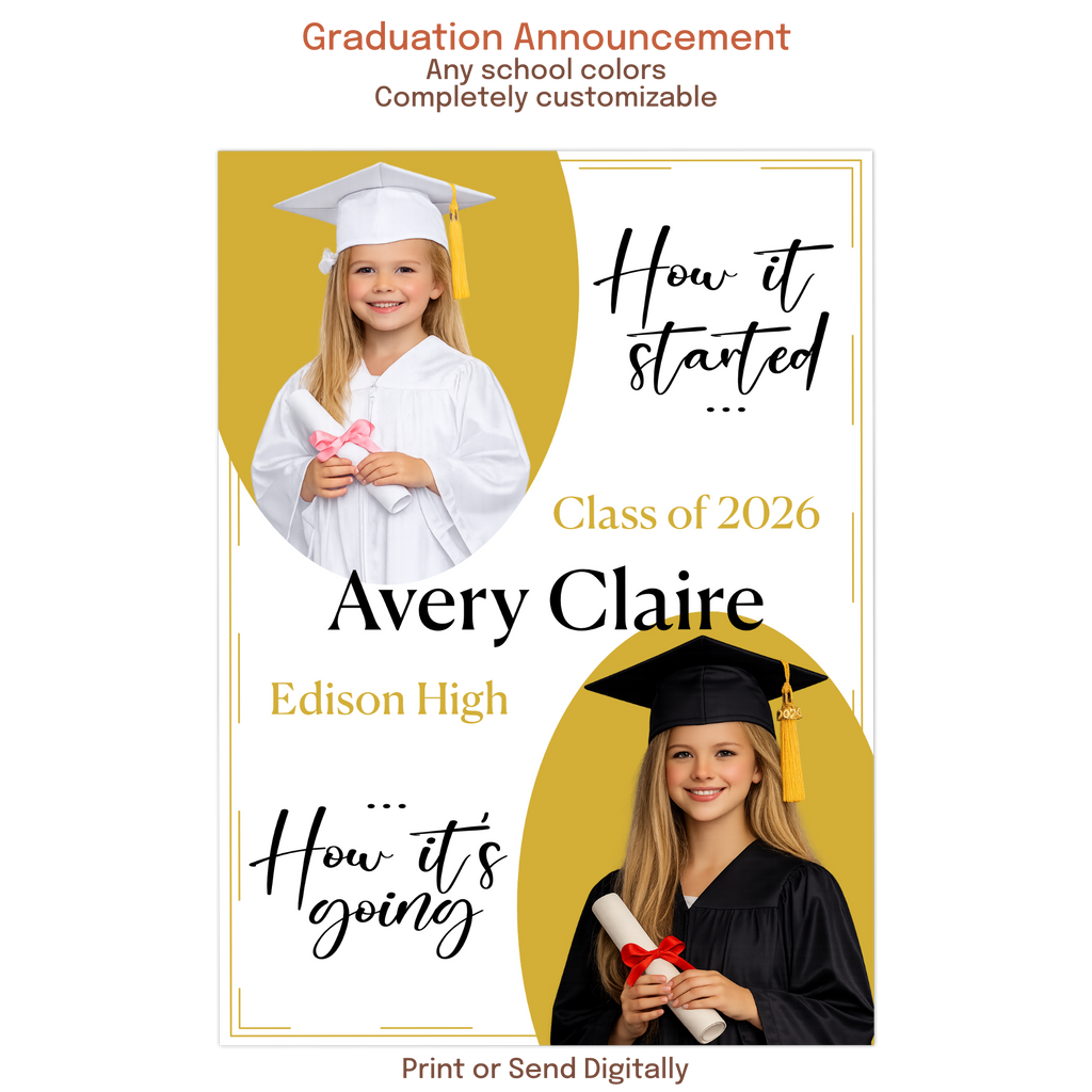 graduation announcement with photos how it started how it’s going baby and senior photo design