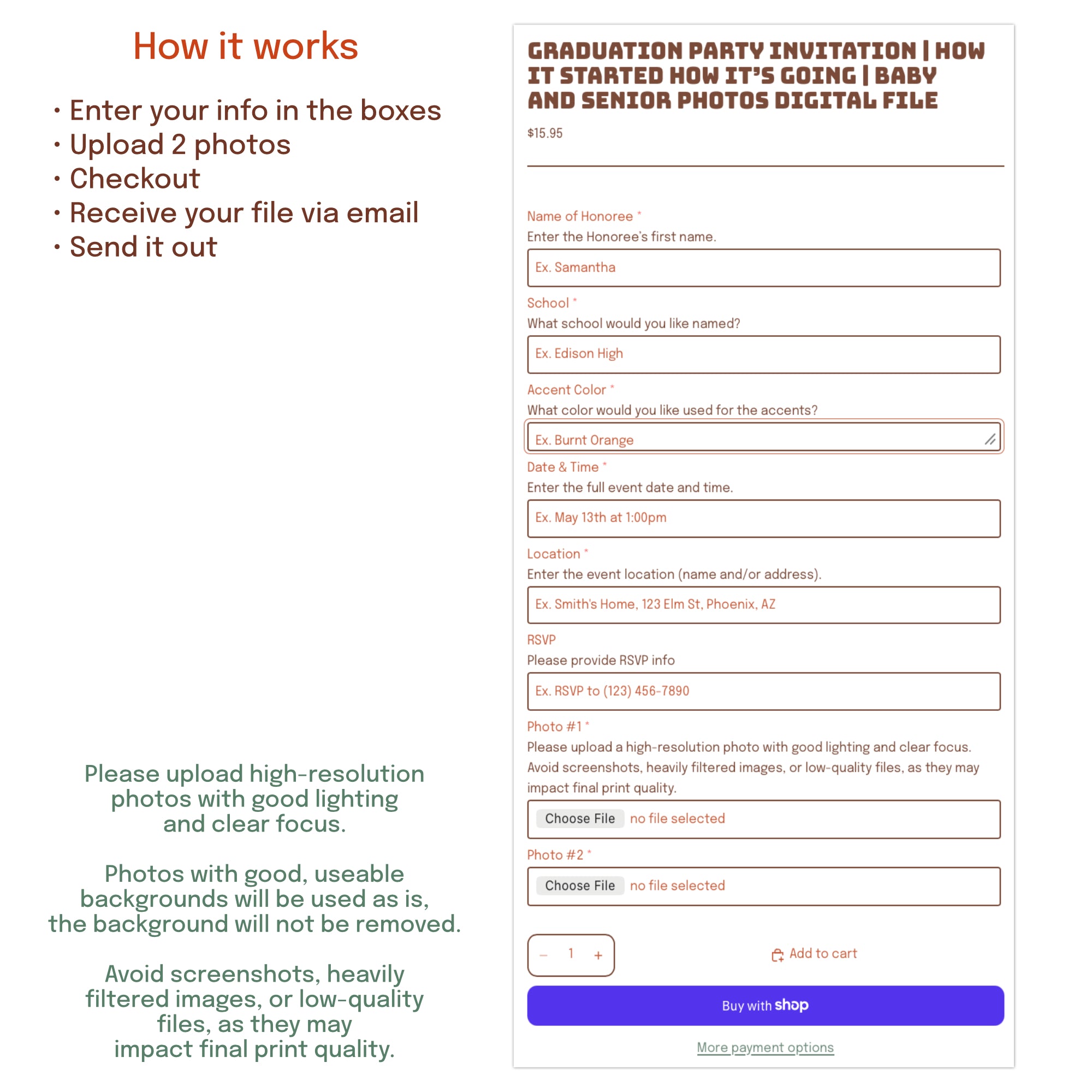 High resolution 300 DPI graduation invitation digital download sized 5x7 for professional printing or digital sharing