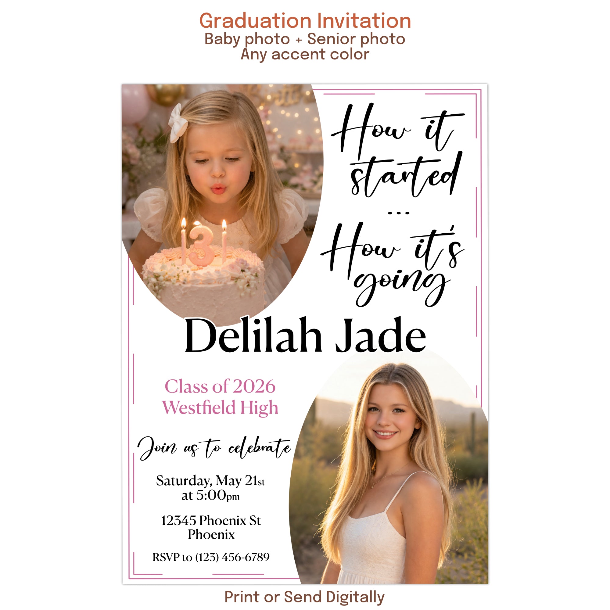 Modern graduation party invitation featuring “how it started how it’s going” design with baby photo and senior photo, personalized 5x7 digital invite