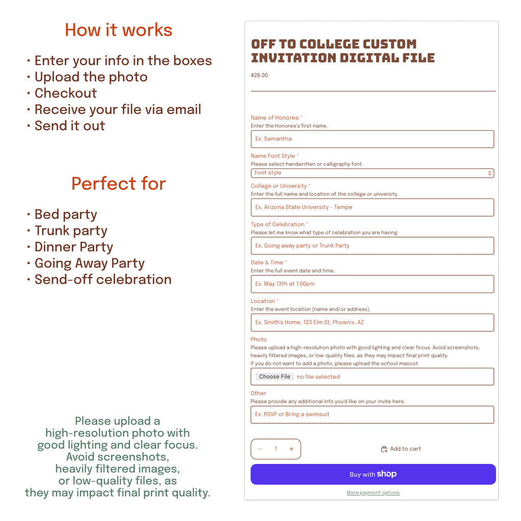 How to order a personalized off to college invitation and upload photo details