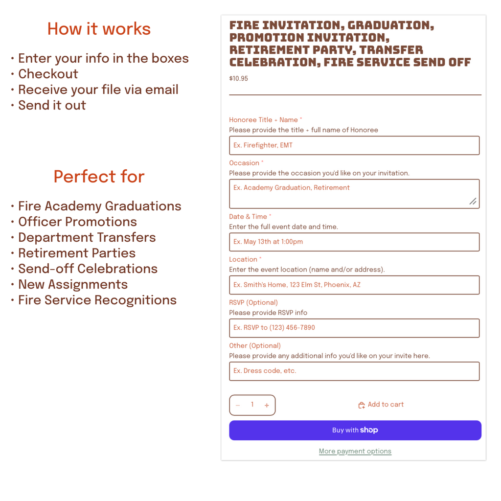 Easy ordering process for a personalized firefighter invitation. Submit your details and photo, review your proof, and receive your custom digital invitation within 24 hours.