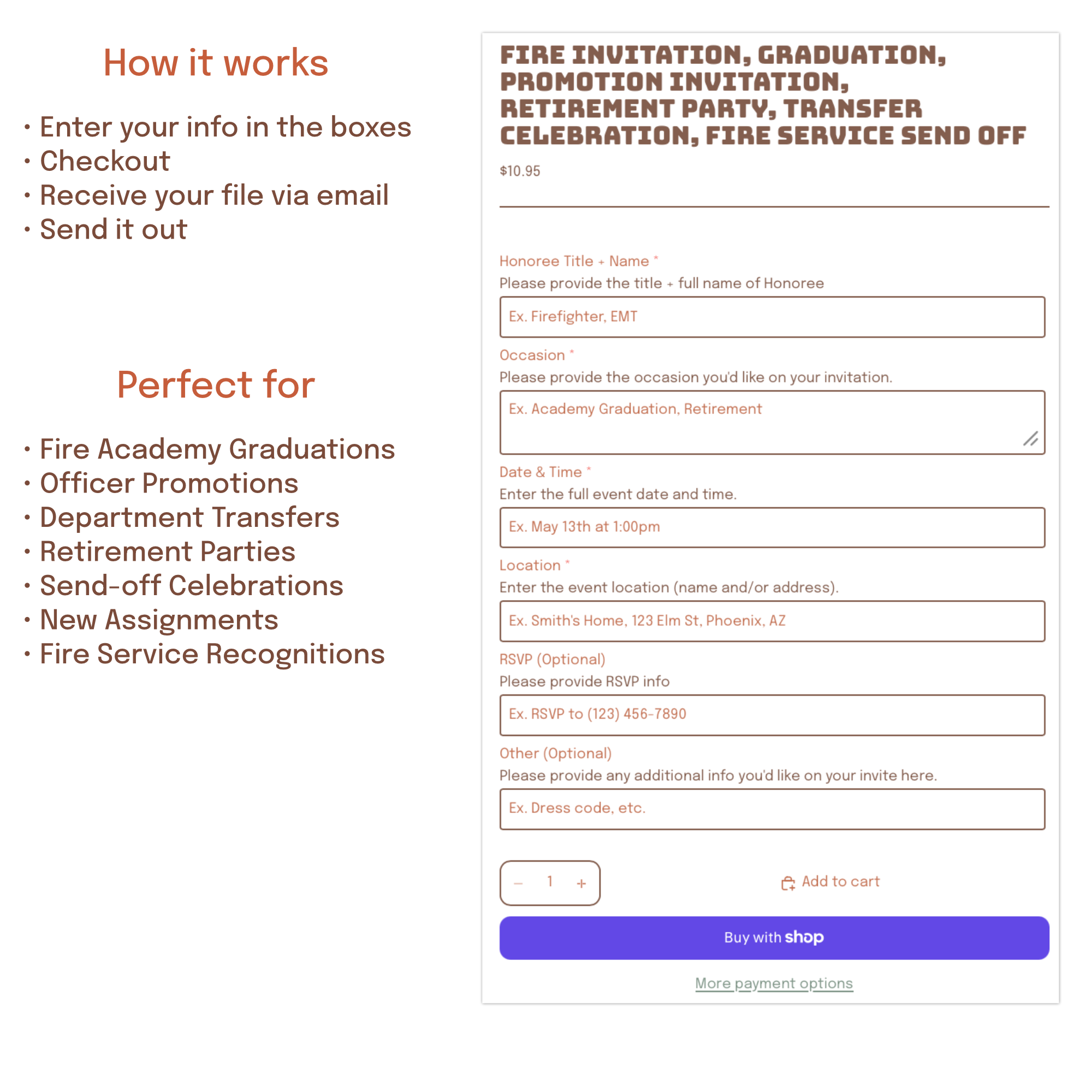 Easy ordering process for a personalized firefighter invitation. Submit your details and photo, review your proof, and receive your custom digital invitation within 24 hours.