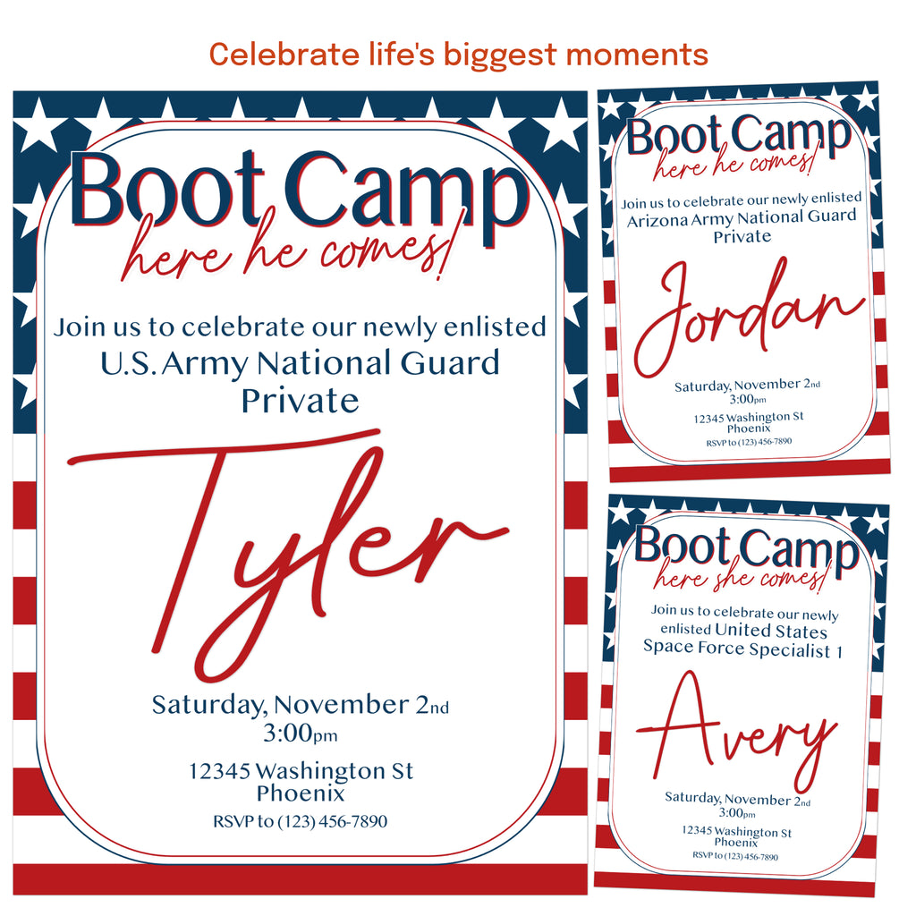 Custom military enlistment invitation with photo, personalized boot camp send off party invitation template