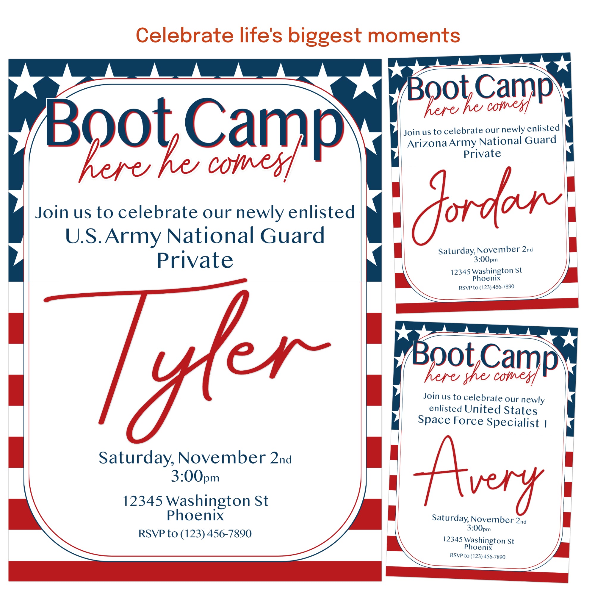 Custom military enlistment invitation with photo, personalized boot camp send off party invitation template