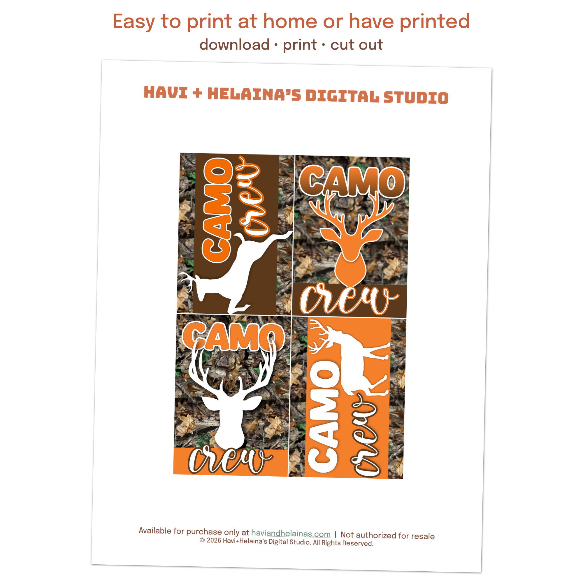deer silhouette camo crew bag tag design with brown and orange hunting theme colors