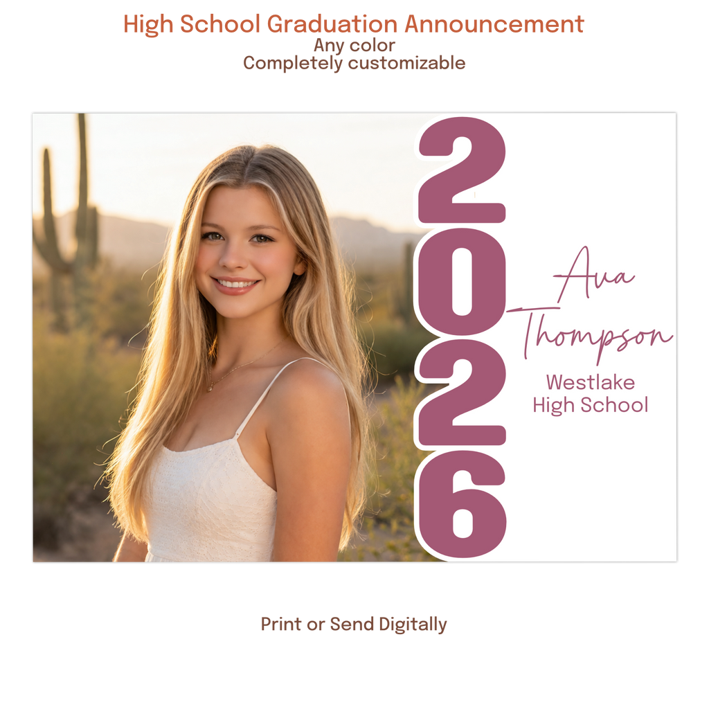 Modern graduation announcement with photo, custom colors, and bold 2026 layout