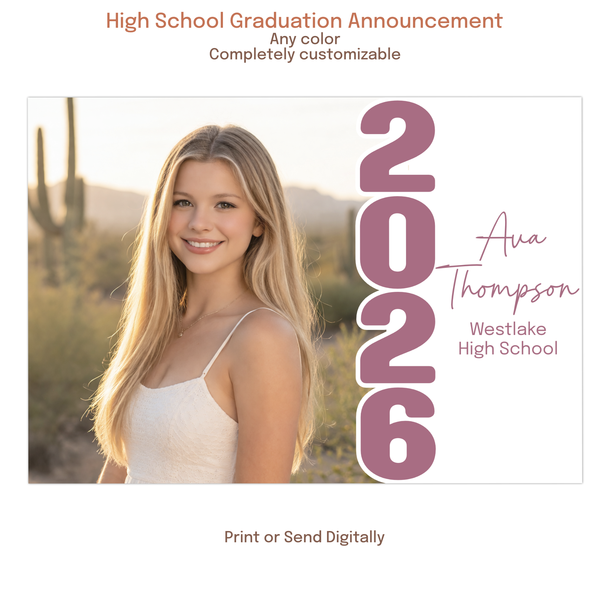 Modern graduation announcement with photo, custom colors, and bold 2026 layout