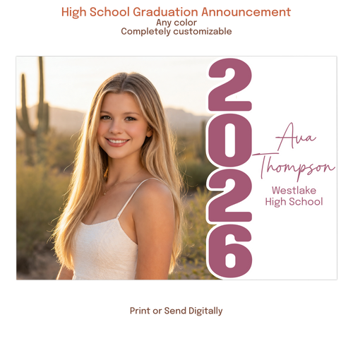 Modern graduation announcement with photo, custom colors, and bold 2026 layout