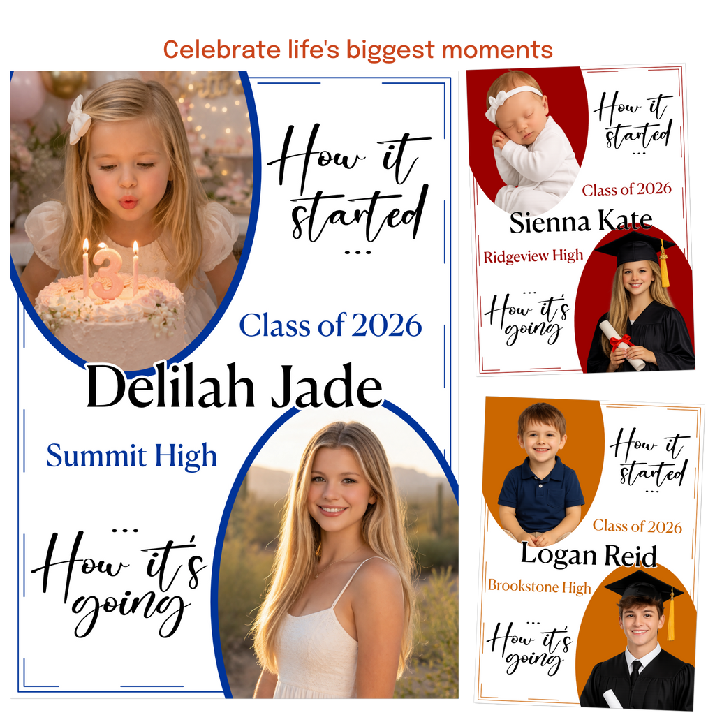 minimalist graduation announcement design with baby and senior pictures