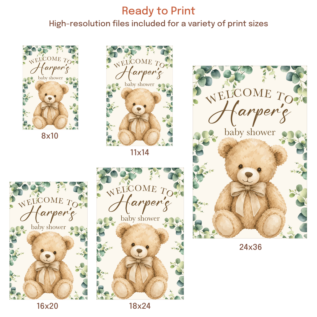 Teddy bear baby shower welcome sign available in multiple print sizes including 8x10, 11x14, 16x20, 18x24, and 24x36 inches.