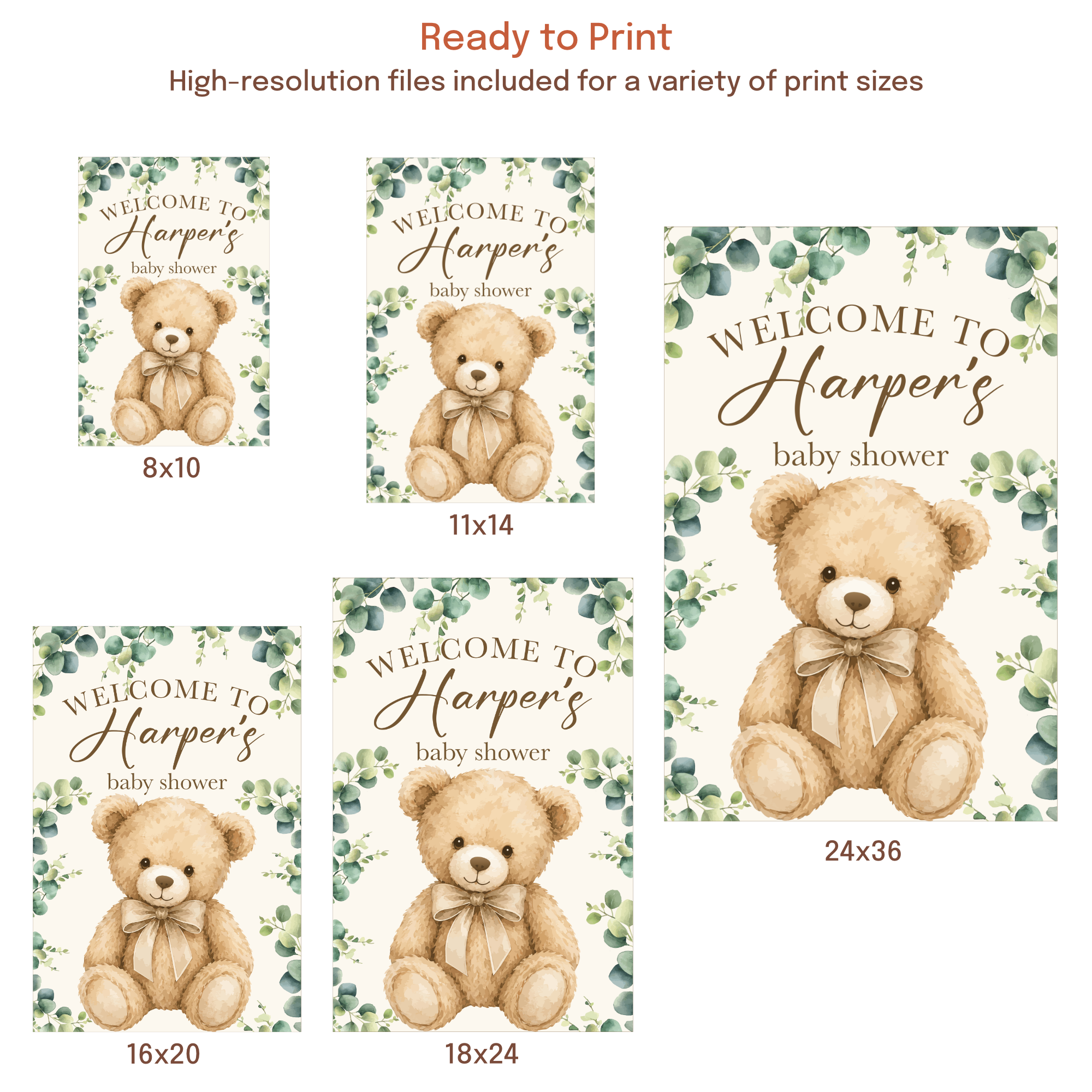 Teddy bear baby shower welcome sign available in multiple print sizes including 8x10, 11x14, 16x20, 18x24, and 24x36 inches.