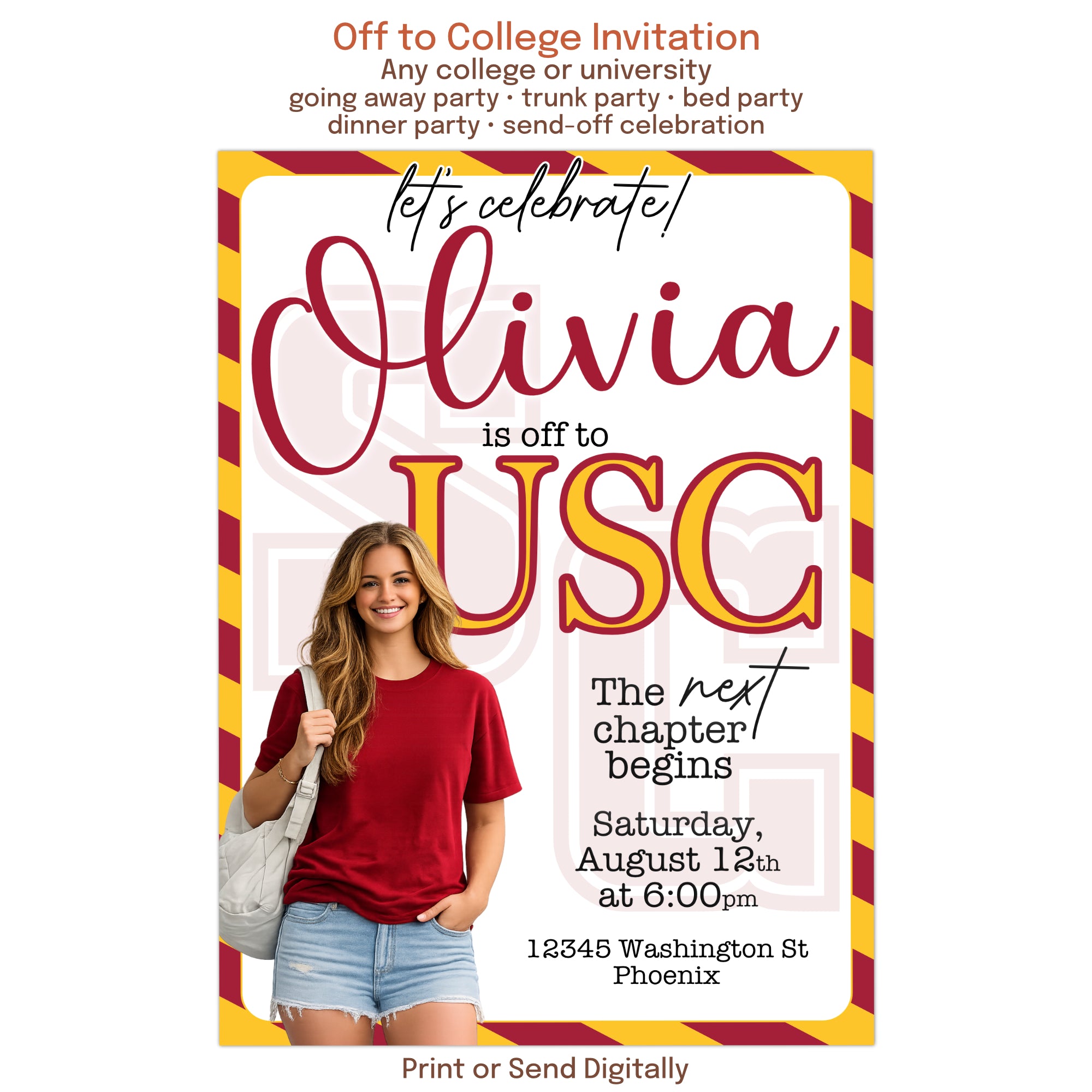 Off to college invitation example for USC student celebrating a college send off party
