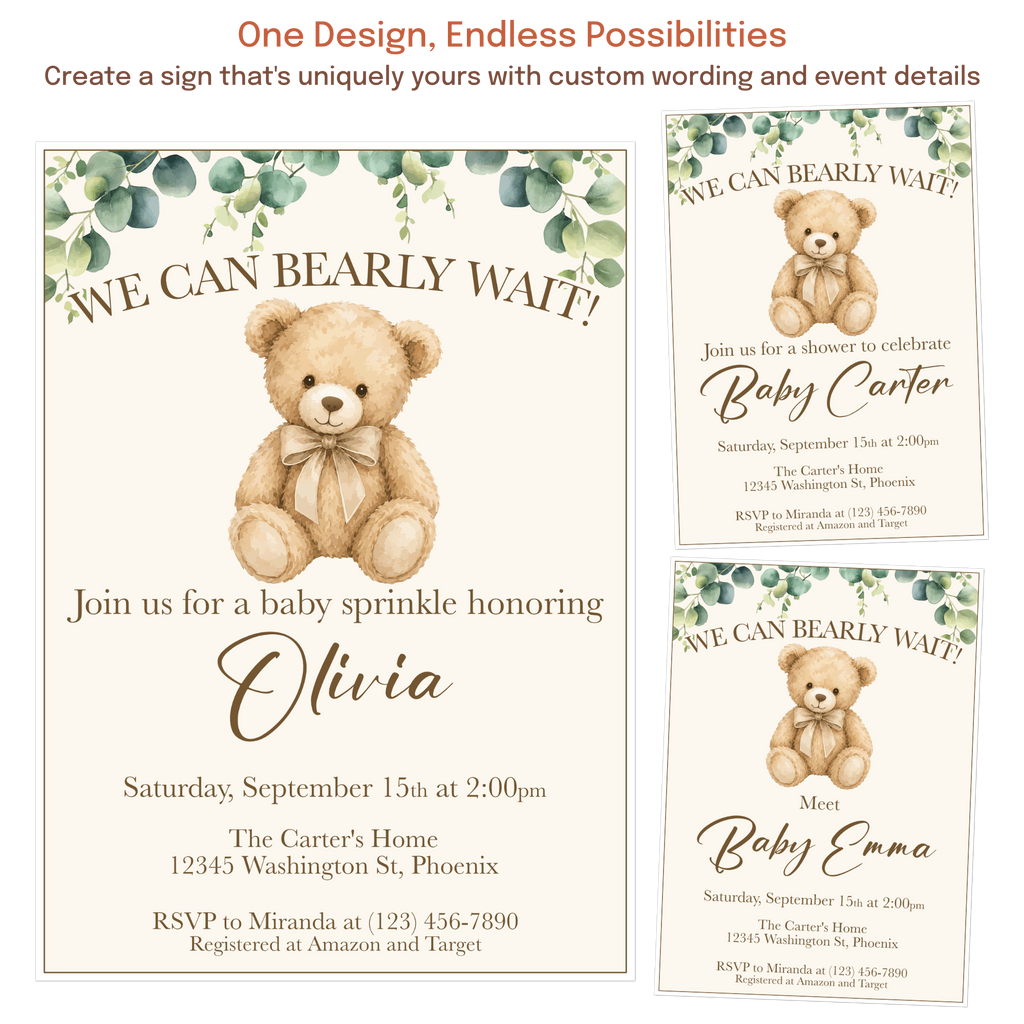 Teddy bear invitation examples for baby shower, baby sprinkle, meet the baby party, and special celebrations.