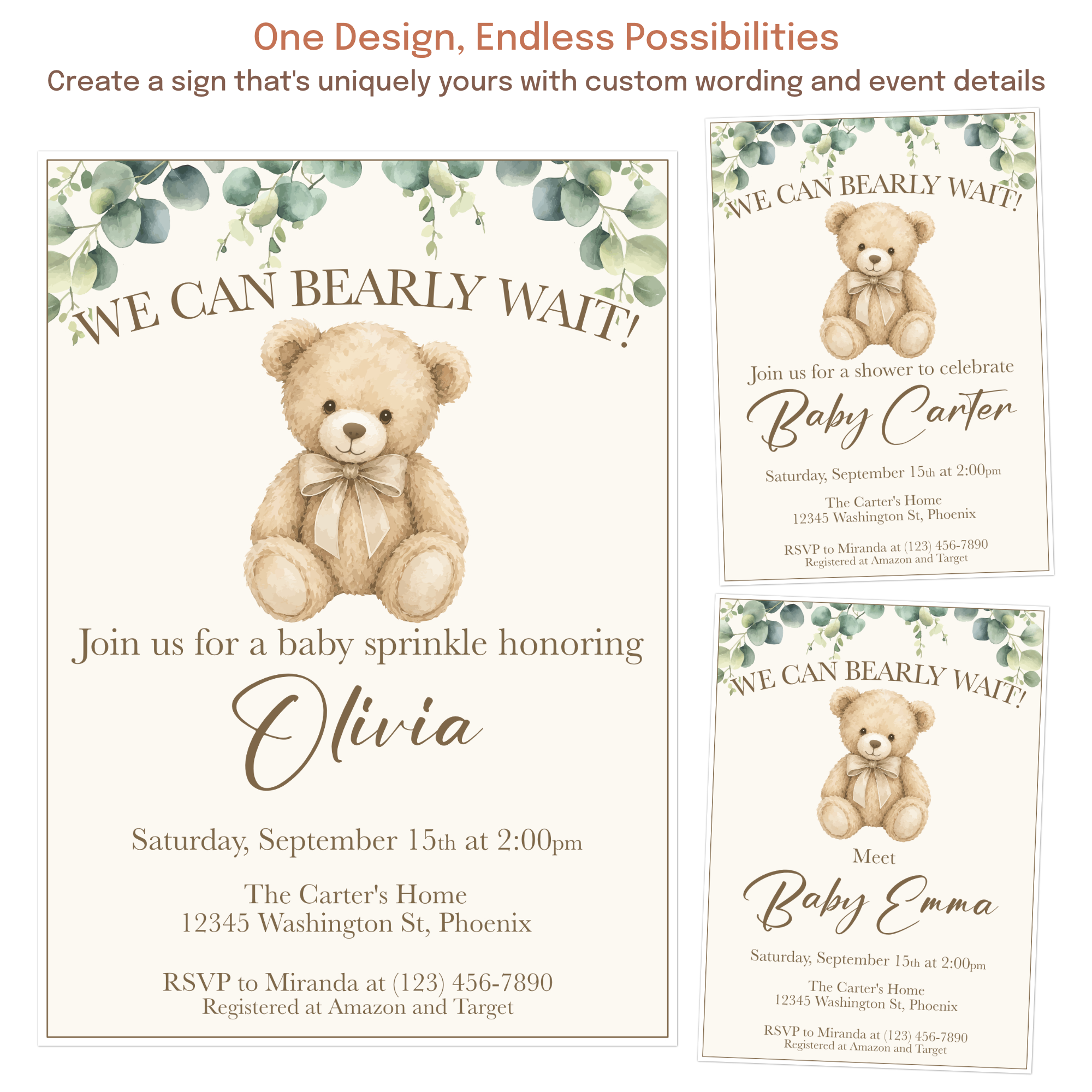 Teddy bear invitation examples for baby shower, baby sprinkle, meet the baby party, and special celebrations.