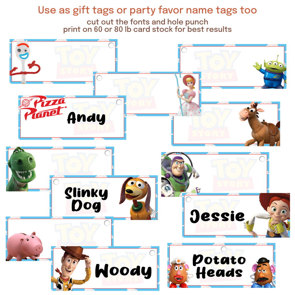 Food label cards and table tents identifying buffet items, desserts, drinks, and party stations
