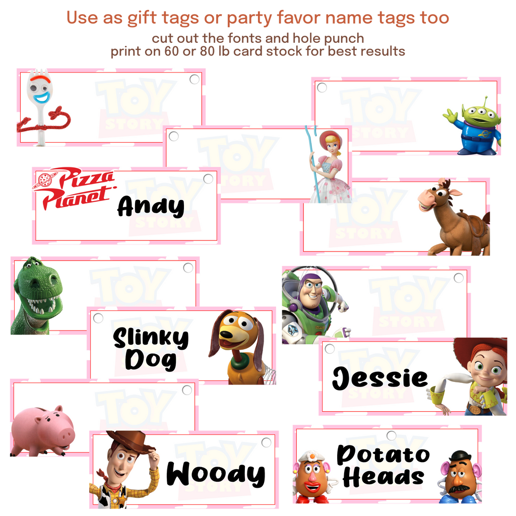 Girly food label cards and table tents identifying buffet items, desserts, drinks, and party stations