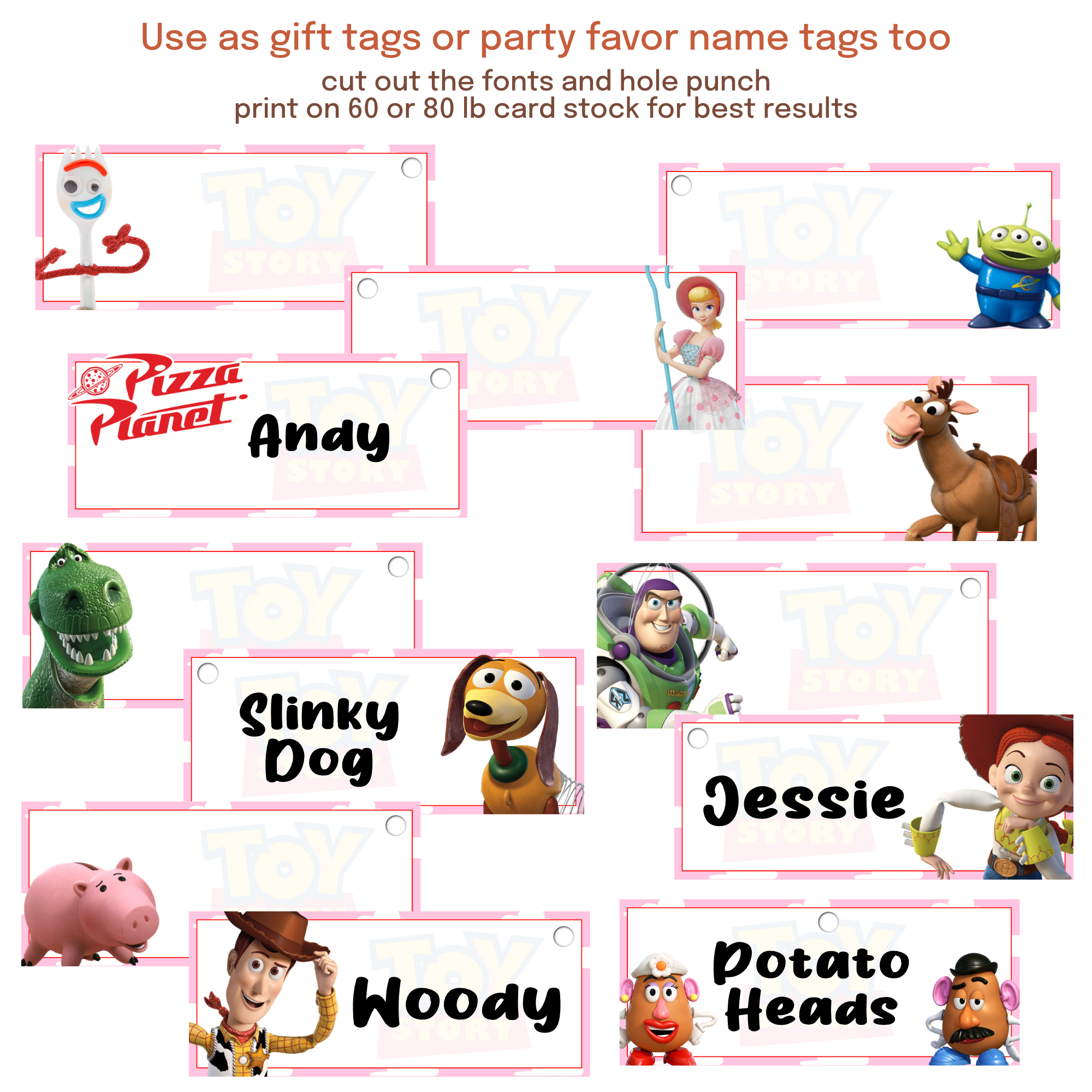 Girly food label cards and table tents identifying buffet items, desserts, drinks, and party stations