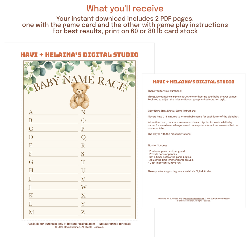 Printable Teddy Bear Baby Name Race game available as a high-resolution PDF instant download for baby showers and baby sprinkles.