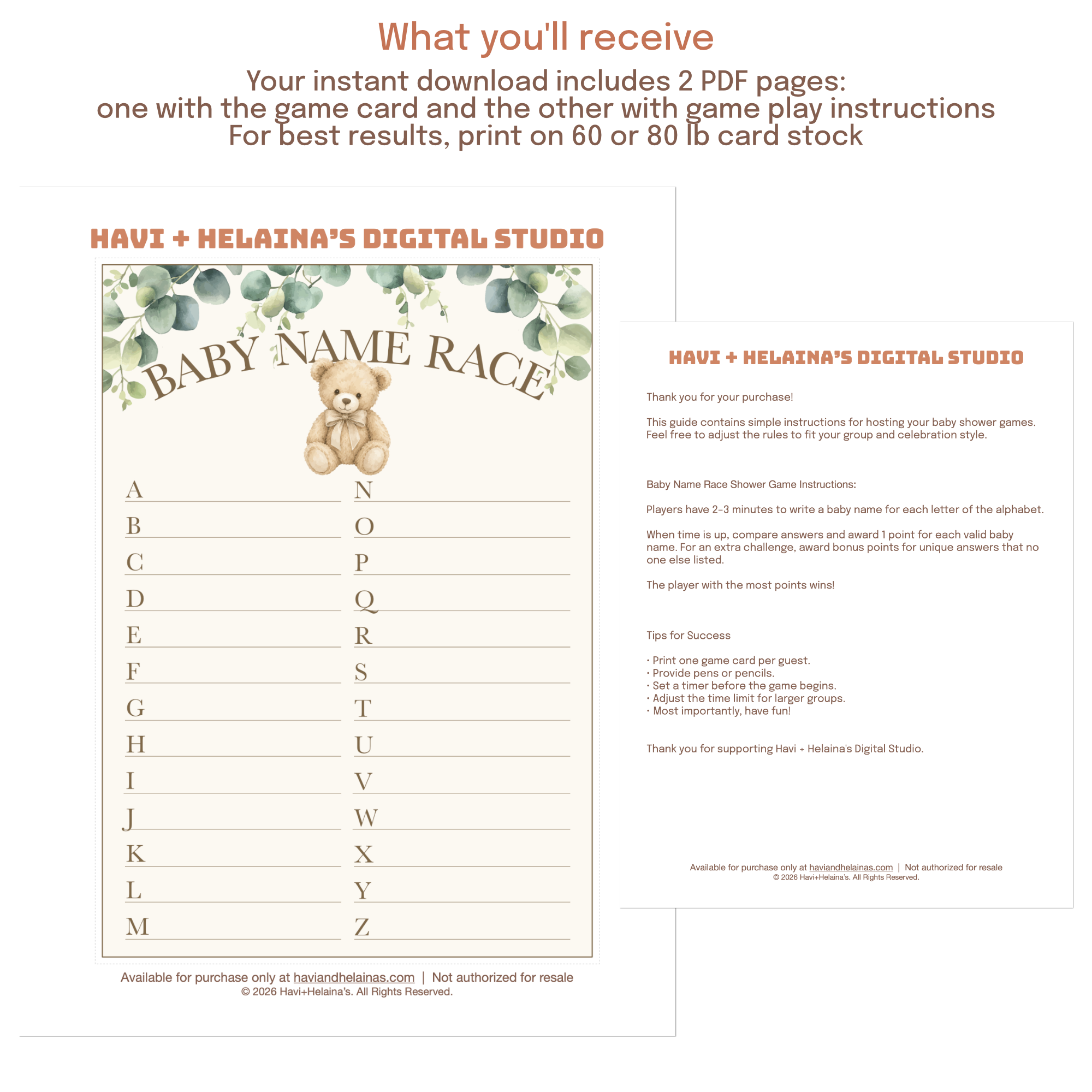 Printable Teddy Bear Baby Name Race game available as a high-resolution PDF instant download for baby showers and baby sprinkles.