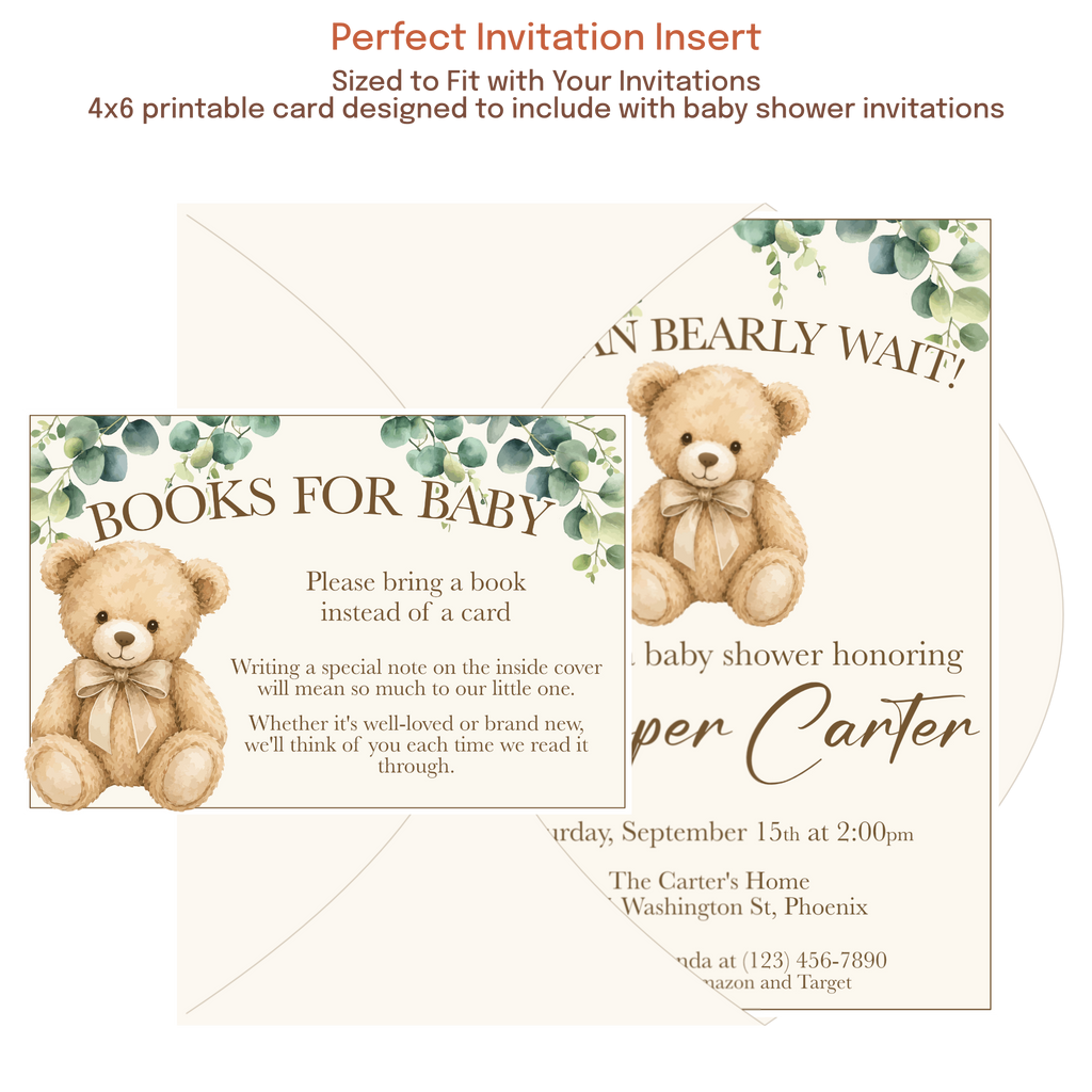 4x6 Books for Baby insert card displayed with baby shower invitation and envelope for a coordinated party stationery set.
