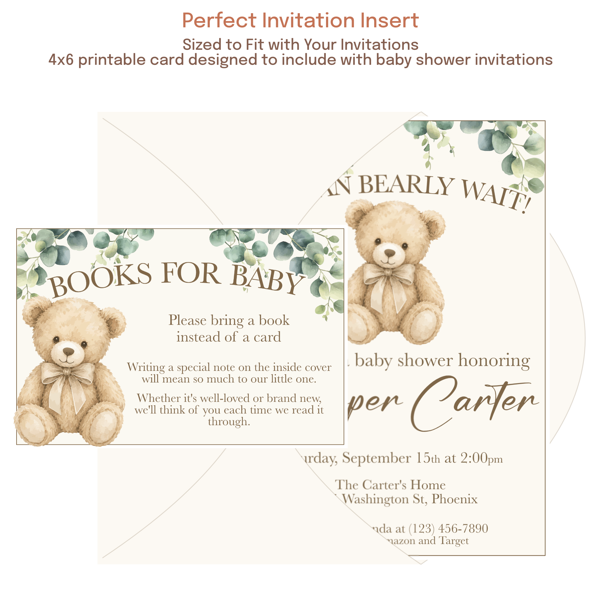 4x6 Books for Baby insert card displayed with baby shower invitation and envelope for a coordinated party stationery set.