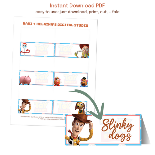 Printable blue background food labels and place cards displayed at graduation parties, birthdays, baby showers, and retirement celebrations