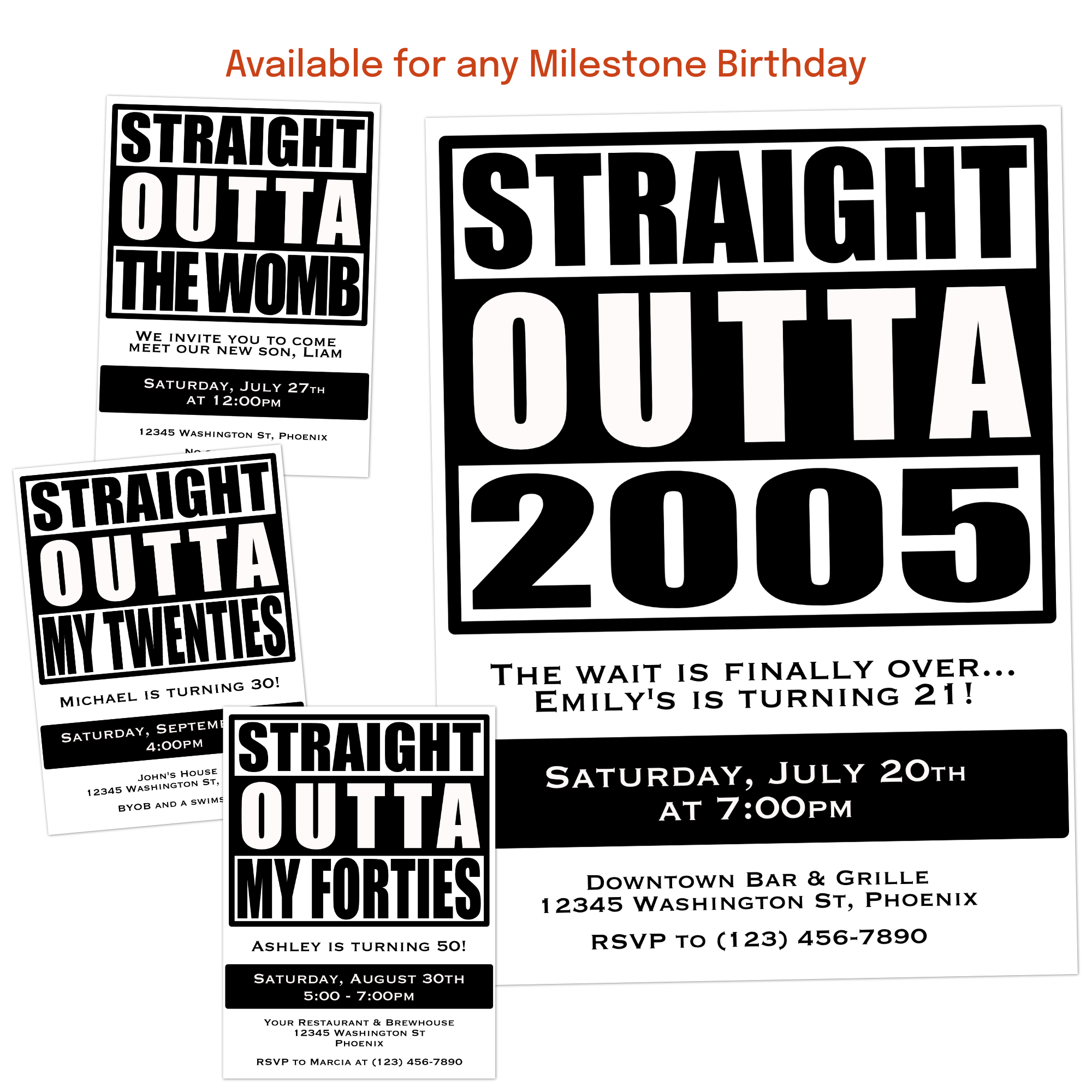 Straight Outta invitation customized for milestone birthdays including 18th, 21st, 30th, 40th, 50th, and 60th birthdays.