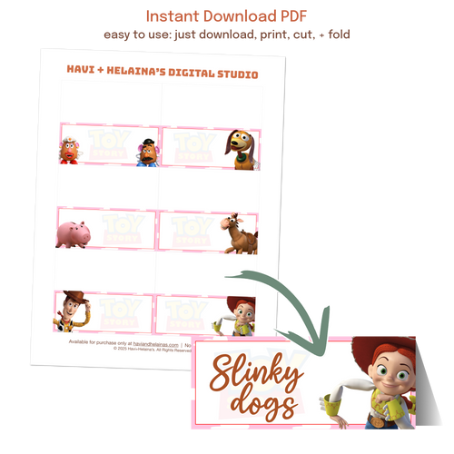 Printable food labels and place cards displayed at graduation parties, birthdays, baby showers, gender reveals, and retirement celebrations